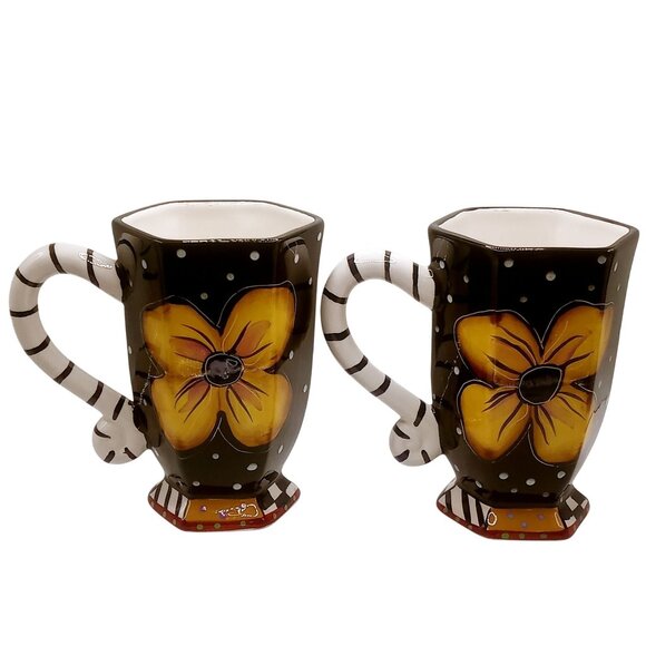 Studio Designworks Coffee Cups Set of 2 Ceramic Hand Painted Flower Mugs Set VTG - Picture 4 of 12